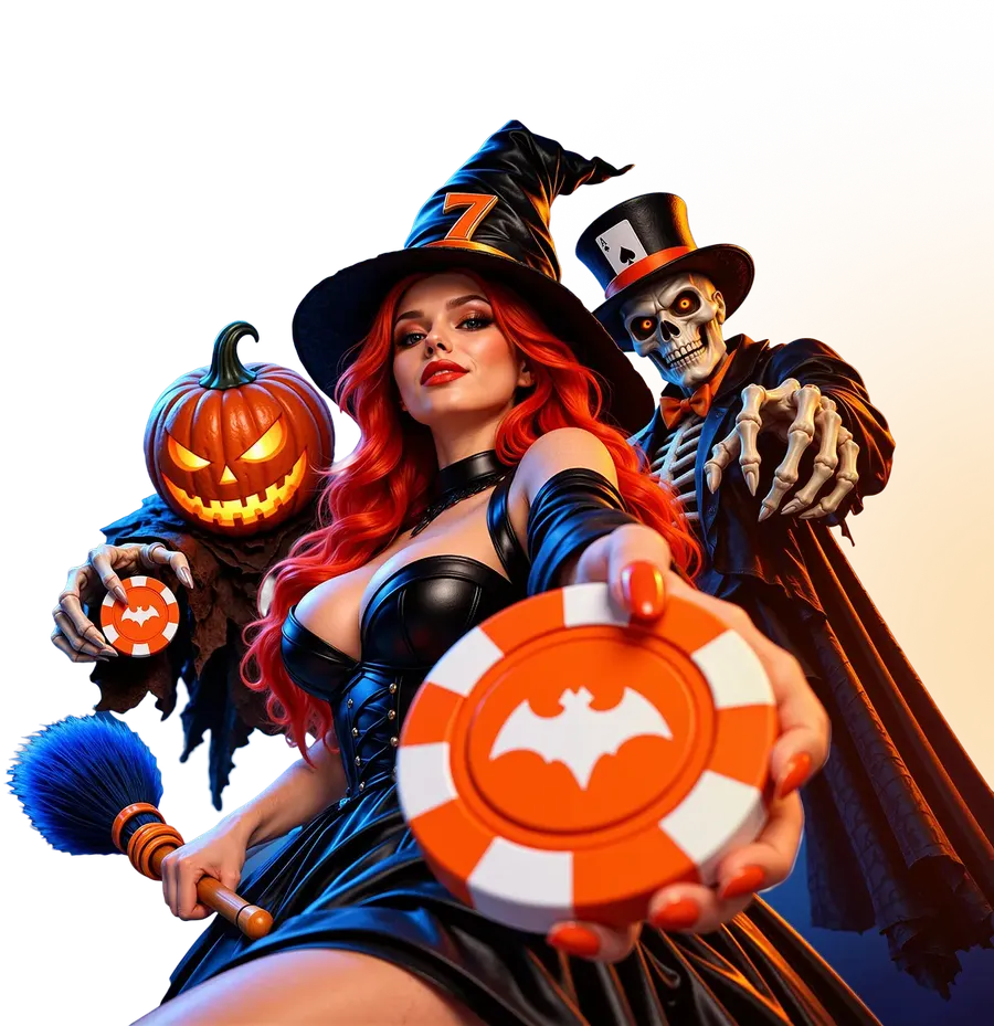 Mostbet Halloween Monster Party witch holding an orange casino chip